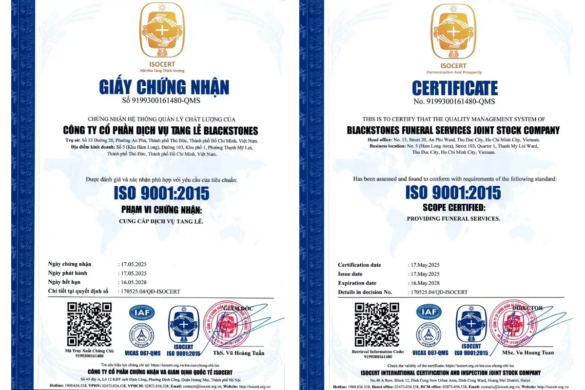 Chứng nhận ISO 9001-2015 về chất lượng dịch vụ - Blackstones