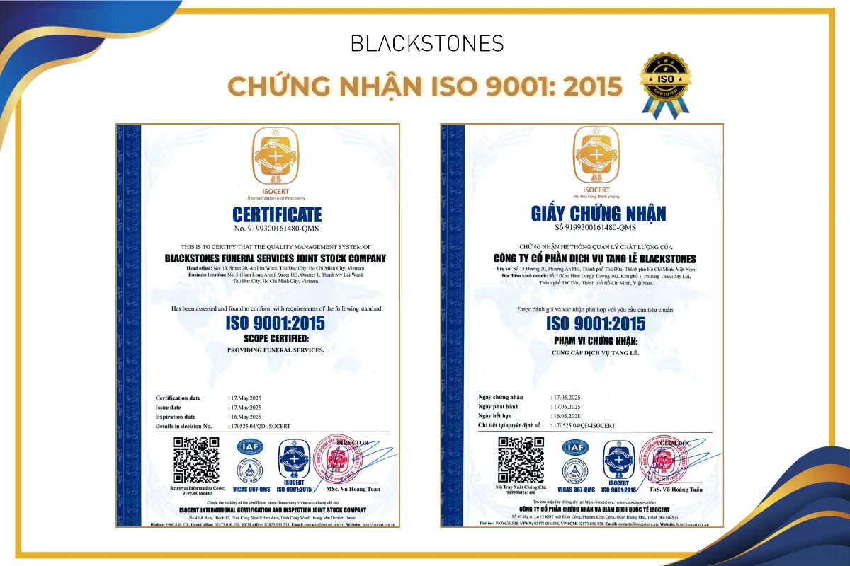 Chứng nhận ISO 9001-2015 về chất lượng dịch vụ - Blackstones